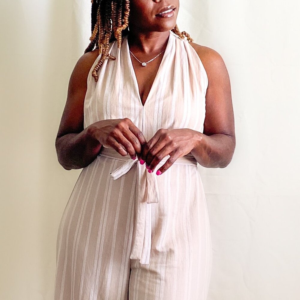 V-Neck Sleeveless Neutral Stripped Jumpsuit